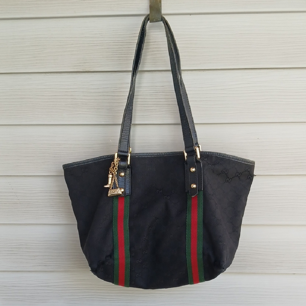 Gucci GG Canvas Jolicoeur Black Tote Bag with Red/Green Stripes, Shoulder Bag